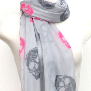 Gray tribal scarf long scarf with black pink skull